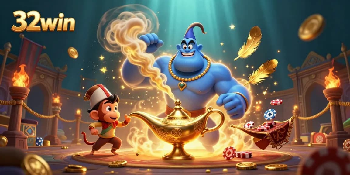 Join the excitement at 32win with a thrilling 3D genie, poker chips, and mystical elements.