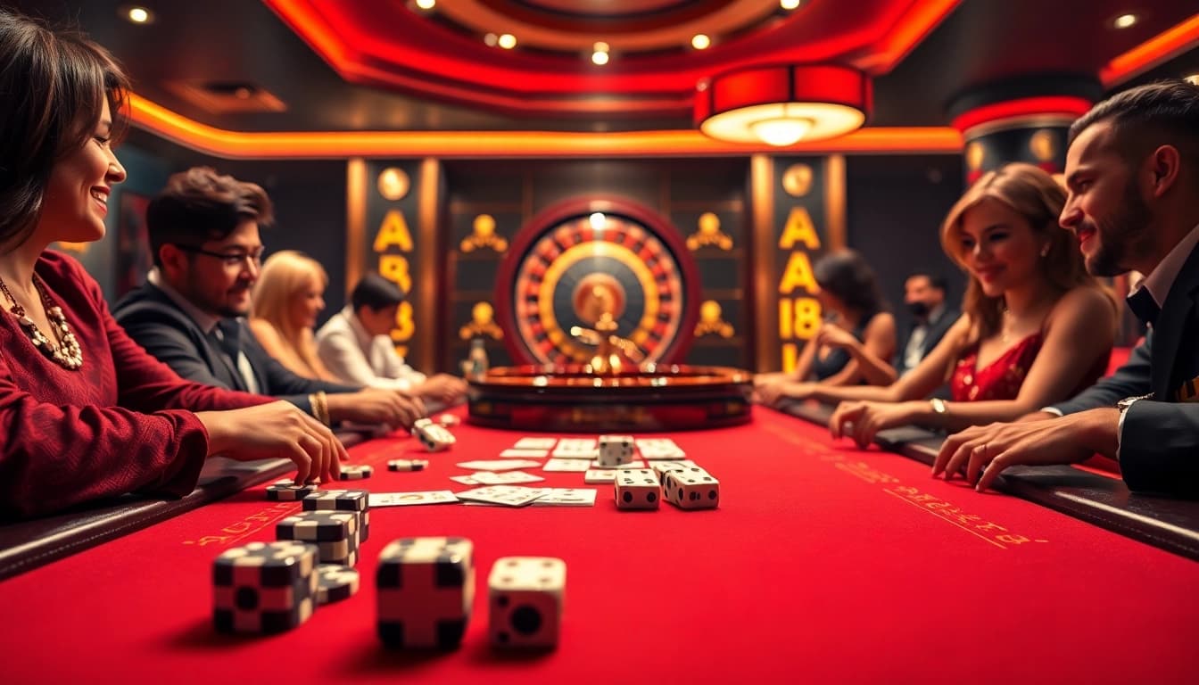 Players enjoying exciting AU88 casino games with poker chips and cards amidst vibrant lighting.