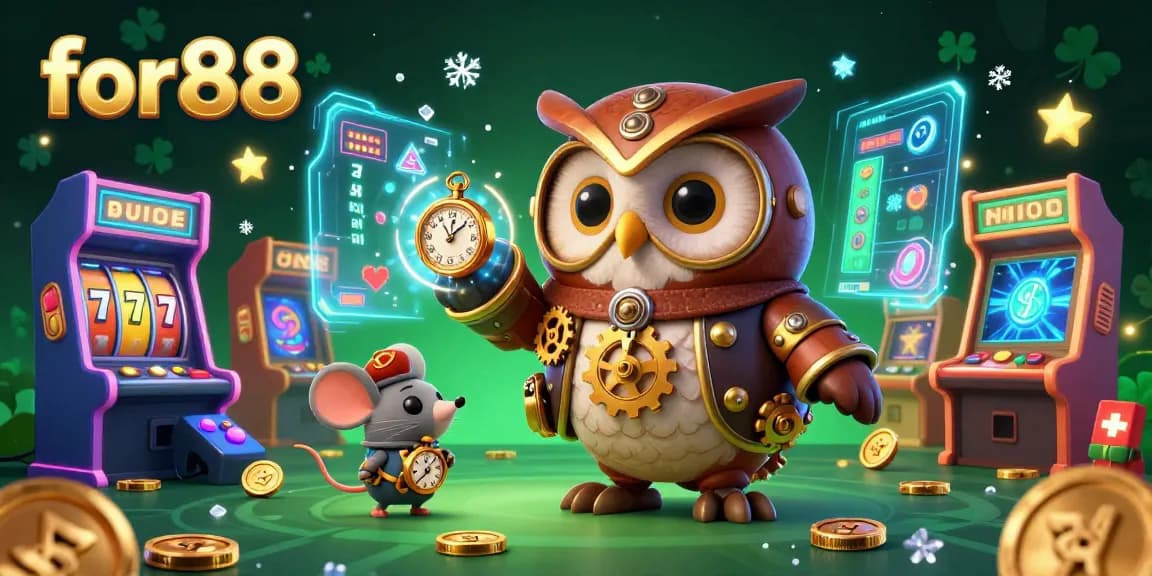 Play casino games at for88 with a lively 3D illustration showcasing vibrant elements from slot machines and gaming.