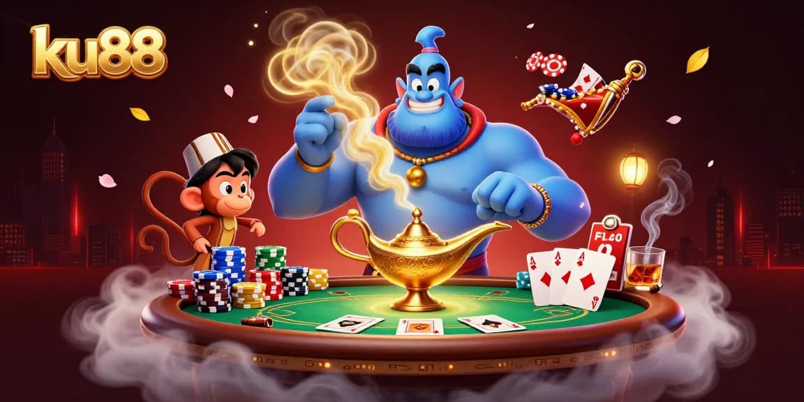 Experience the magic of ku88 with a vibrant 3D casino scene featuring iconic gaming elements.