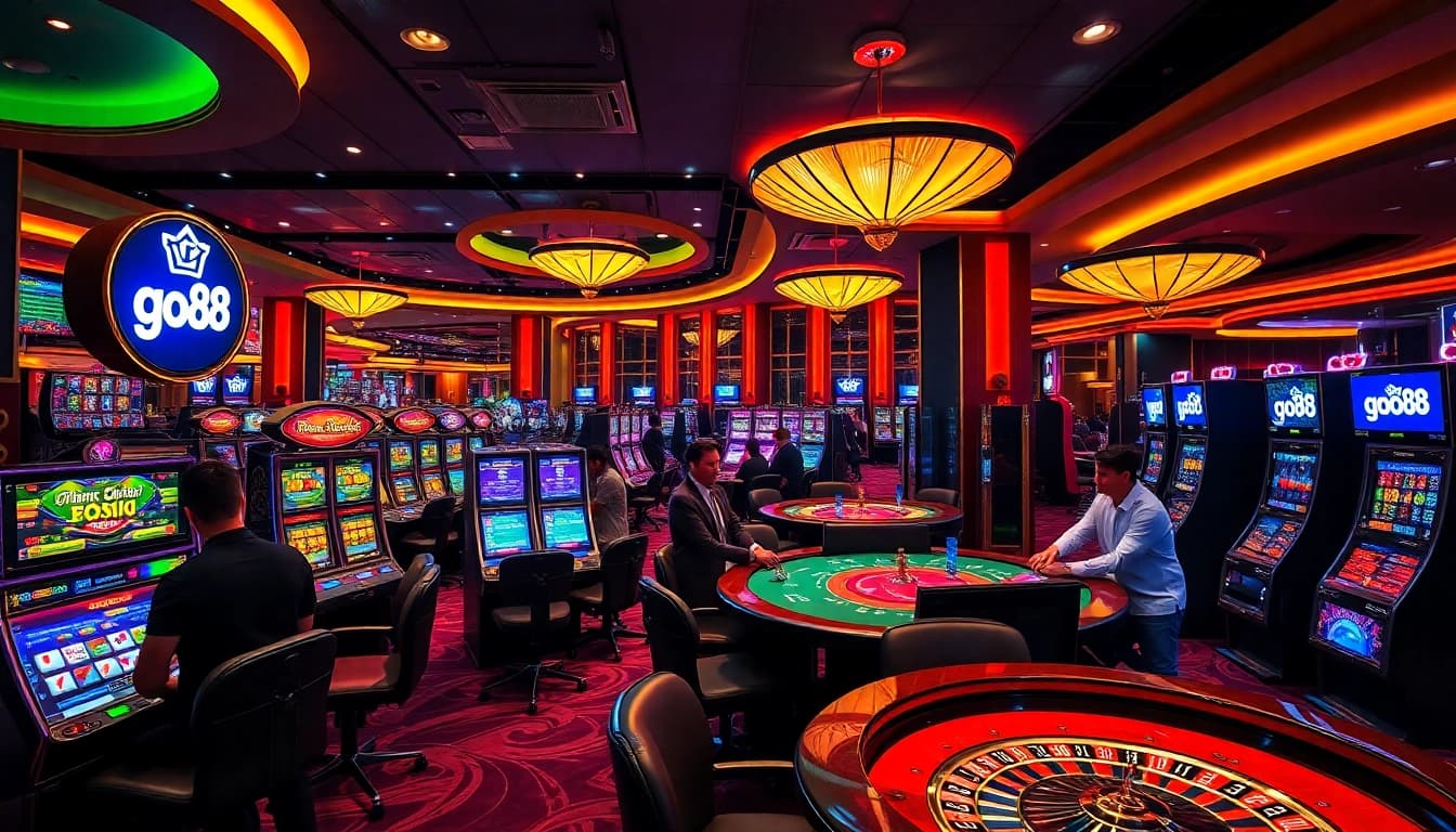 Gamblers experiencing luxury and excitement at go88 casino tables and slot machines.