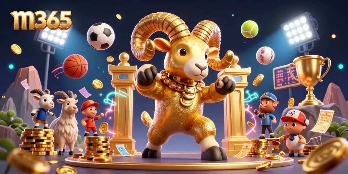 Winning with m365: A dynamic depiction of a golden ram charging at a casino gate, surrounded by sports elements and excitement.