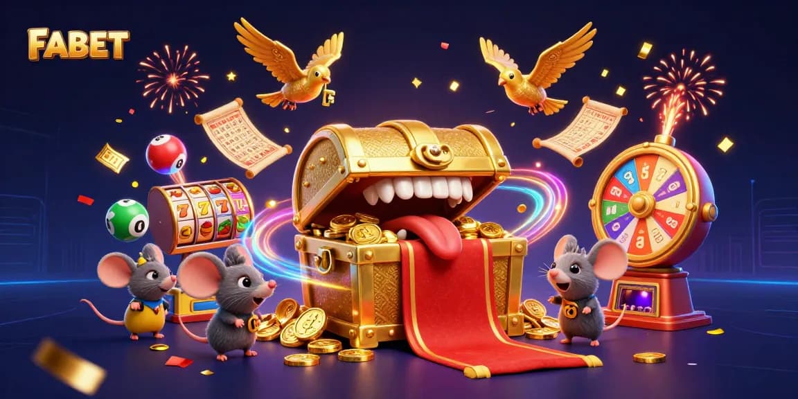 Engage with FABET's thrilling online casino world, featuring vibrant slot reels and dynamic lottery elements.