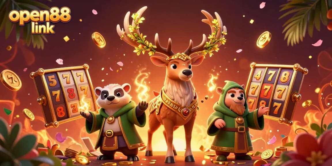 Experience the magic of gaming with the open88 link in this vibrant casino-themed illustration.