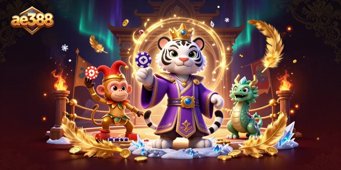 Experience thrilling gambling action with ae388's colorful 3D scene featuring a regal tiger, playful monkey, and lively jade dragon.