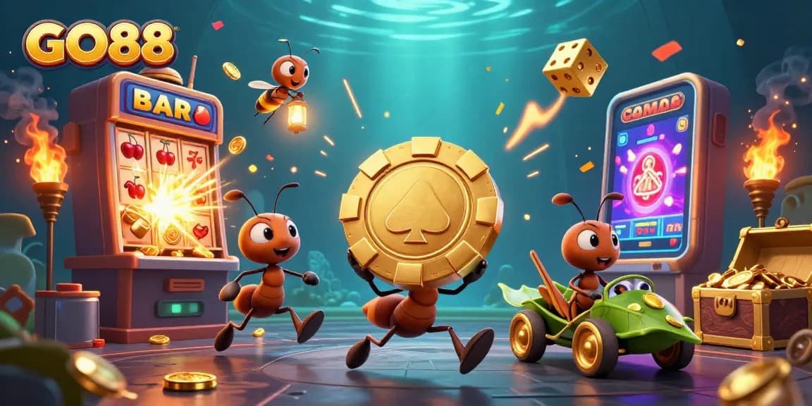 Experience thrilling action with GO88 as ants carry a massive poker chip in a 3D casino heist.