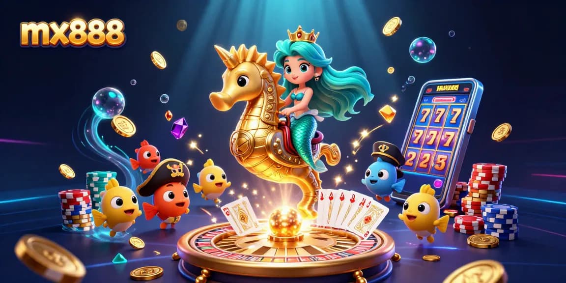 Experience the excitement of mx888 with a vibrant scene of a mermaid and seahorse amidst sparkling casino elements.