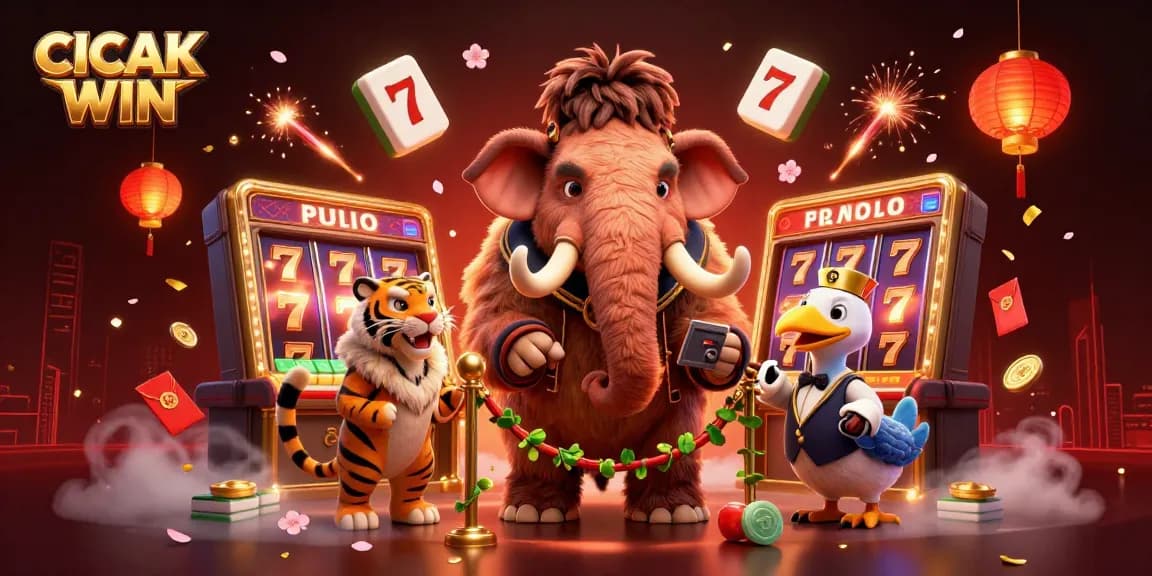 CICAK WIN showcases an electrifying casino scene with vibrant slot reels spinning and characters interacting joyfully.