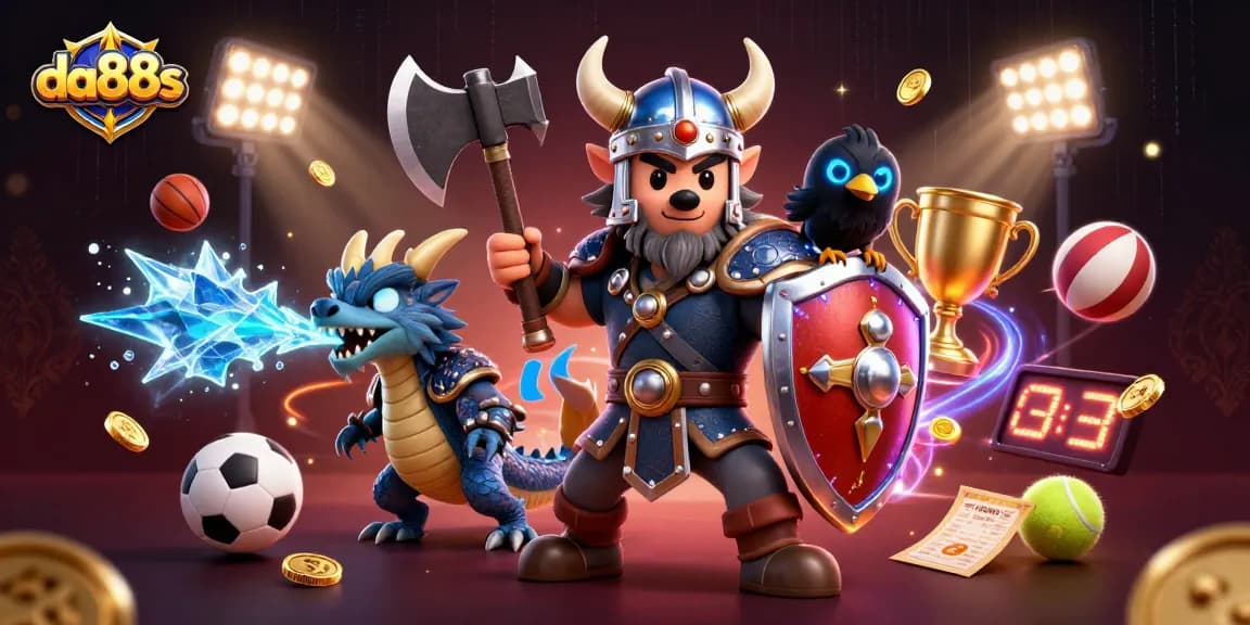 A thrilling 3D scene showing da88s with a Viking wolf warrior and a fierce dragon amidst exciting sports betting elements.