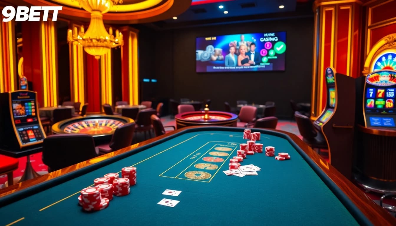 Exciting moment at https://9bet89.com/ featuring players engaging in poker surrounded by vibrant casino elements.
