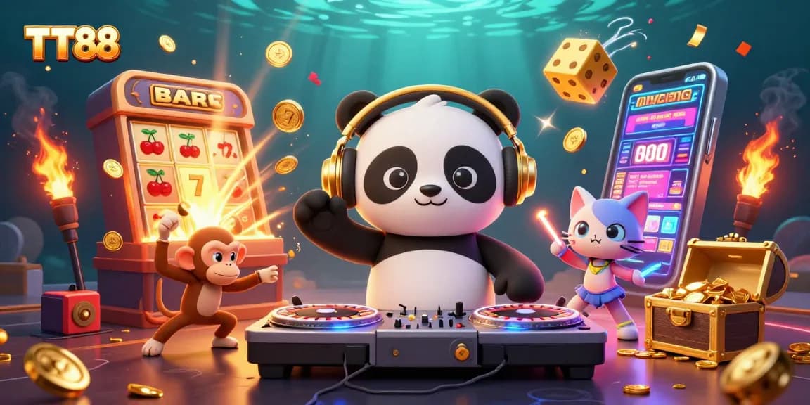Engage with TT88's vibrant casino experience featuring characters in a dynamic gaming atmosphere.