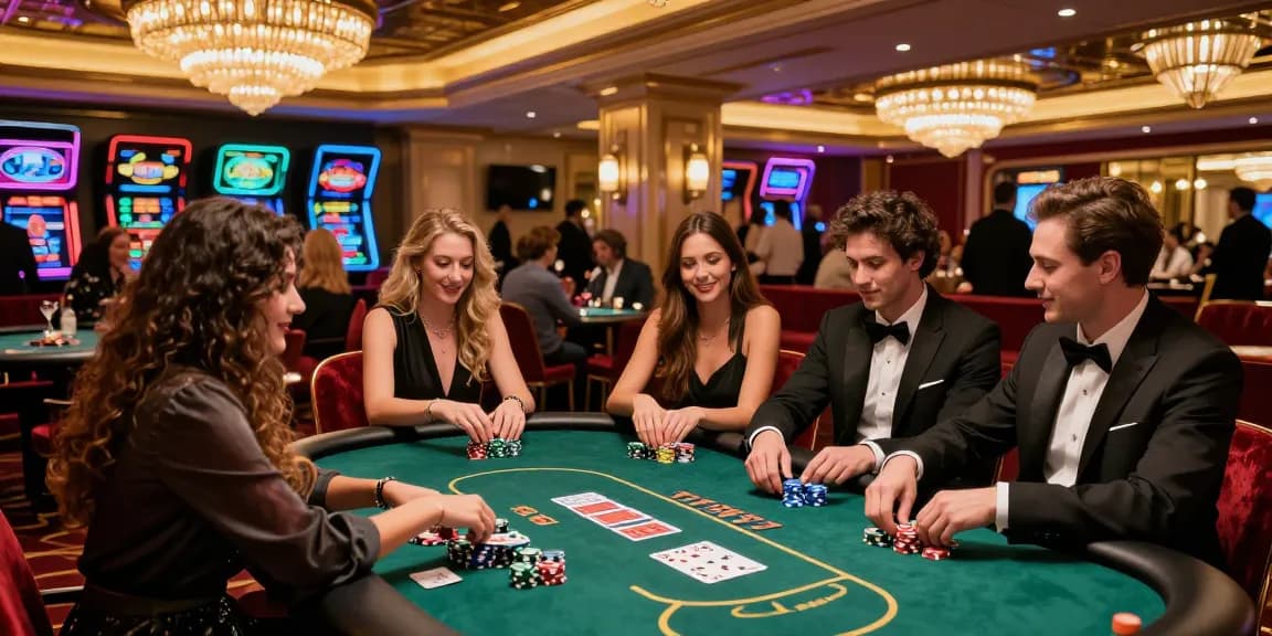 Friends having a fun night at a luxurious casino playing iwin poker with drinks and vibrant atmosphere.