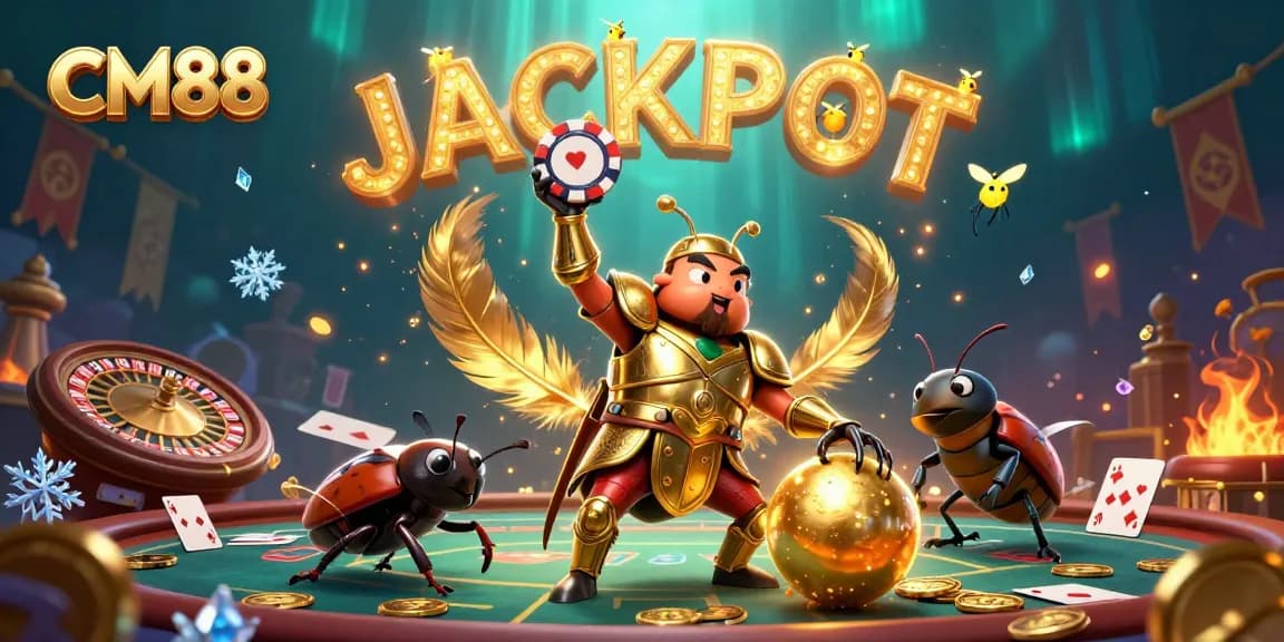 Experience CM88's thrilling casino vibes with a victorious beetle character in an exciting gaming atmosphere.