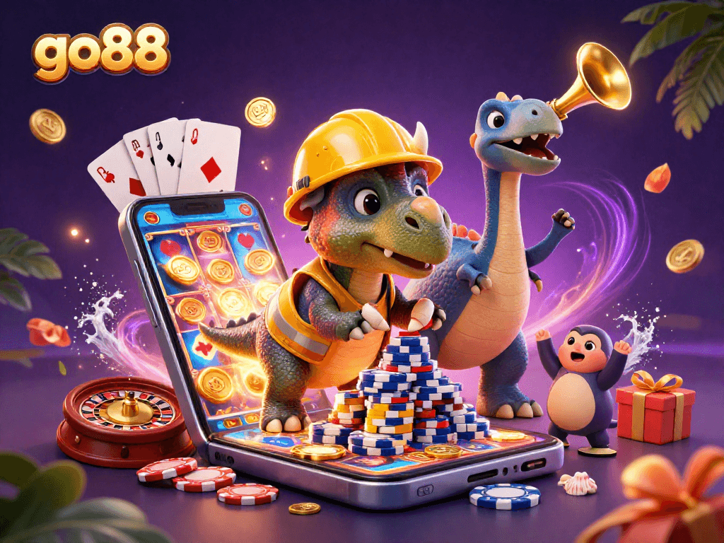 Join the go88 adventure with a triceratops building poker chips in a fun casino scene!