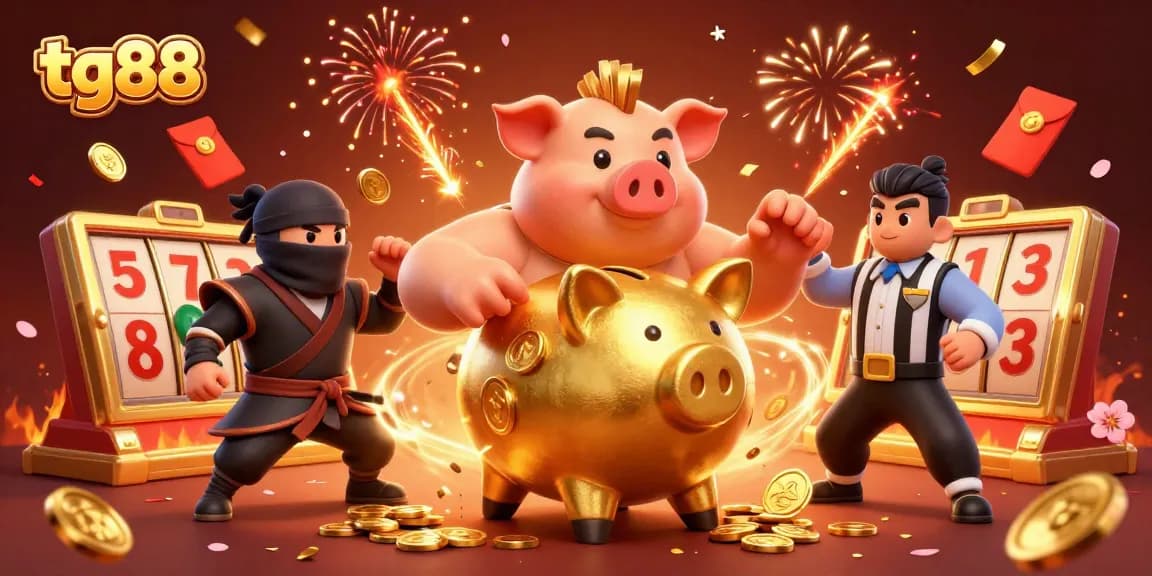 Tg88 slot gaming scene with a golden piggy bank sumo wrestler and festive elements.