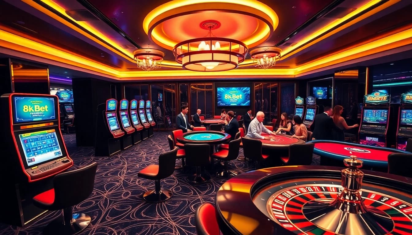 Engaging casino action at https://8kbet.ngo/ with players on slot machines and poker tables.