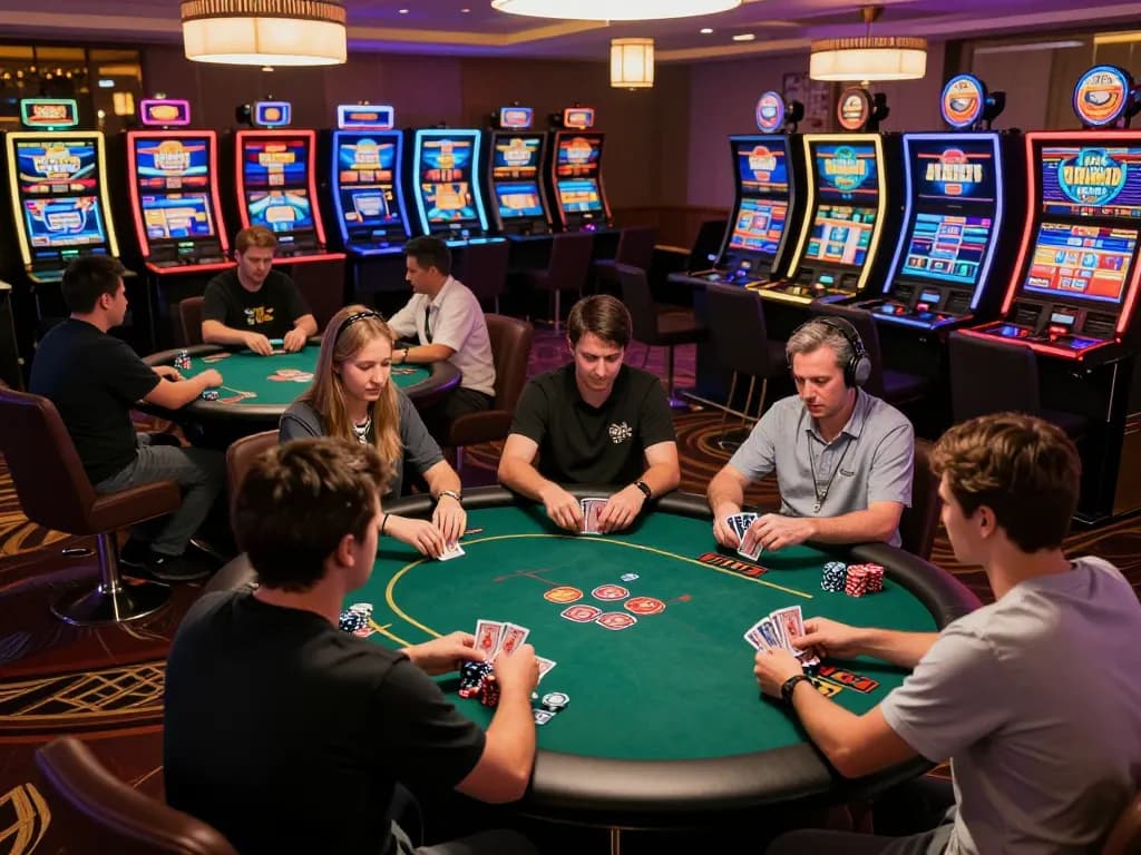 Exciting action at a fast payout casino Australia during a poker tournament, showcasing players with cards and chips.