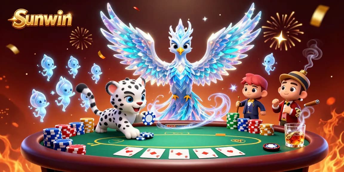 Engage with sunwin's poker excitement featuring an ice phoenix and vibrant casino elements.