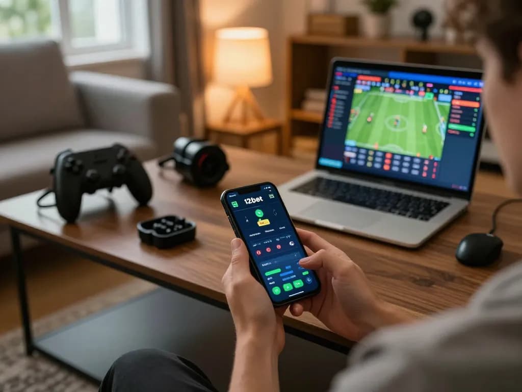 Engaged player exploring 12bet app on smartphone in cozy home gaming setup
