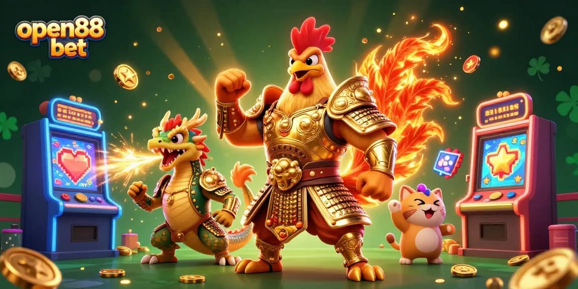 Engage with open88 bet in a lively 3D scene featuring heroic characters and exciting gaming elements.