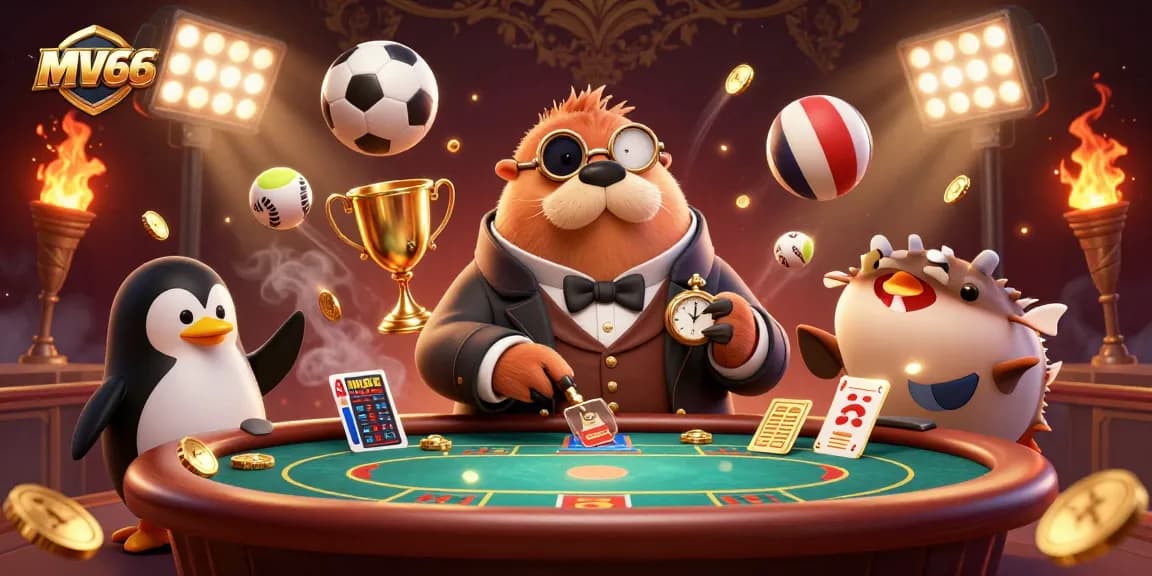 Betting excitement at MV66 featuring a jolly walrus at an underwater poker table with dynamic sports elements.