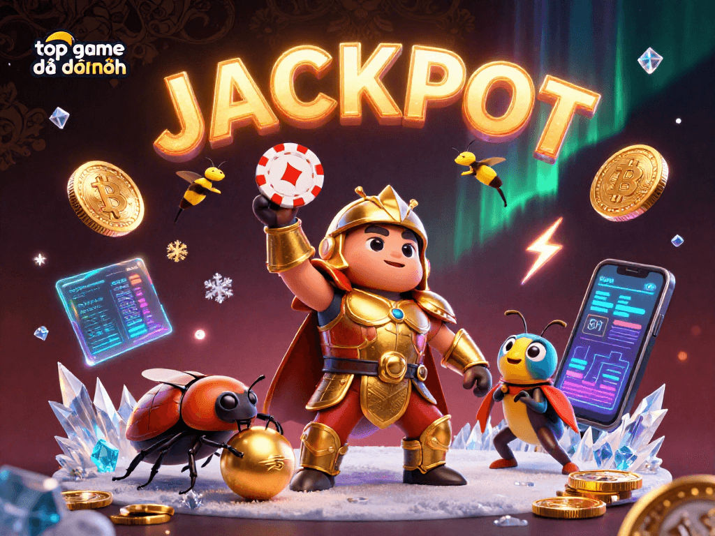 Win big with top game bài đổi thưởng in this vibrant 3D casino scene featuring cartoon characters and crypto elements.