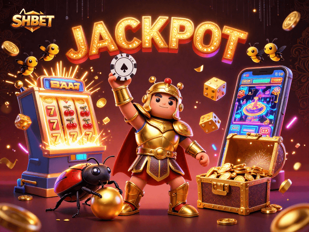 SHBET shows a victorious beetle holding a poker chip amid casino treasures for gamers.