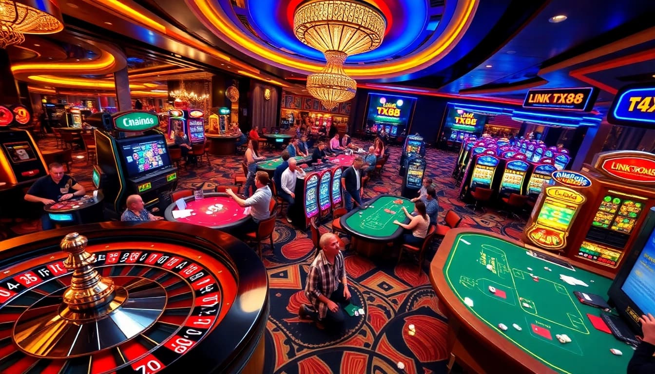 Action-packed scene of Link TX88 casino with players excitedly engaged at poker and roulette tables.