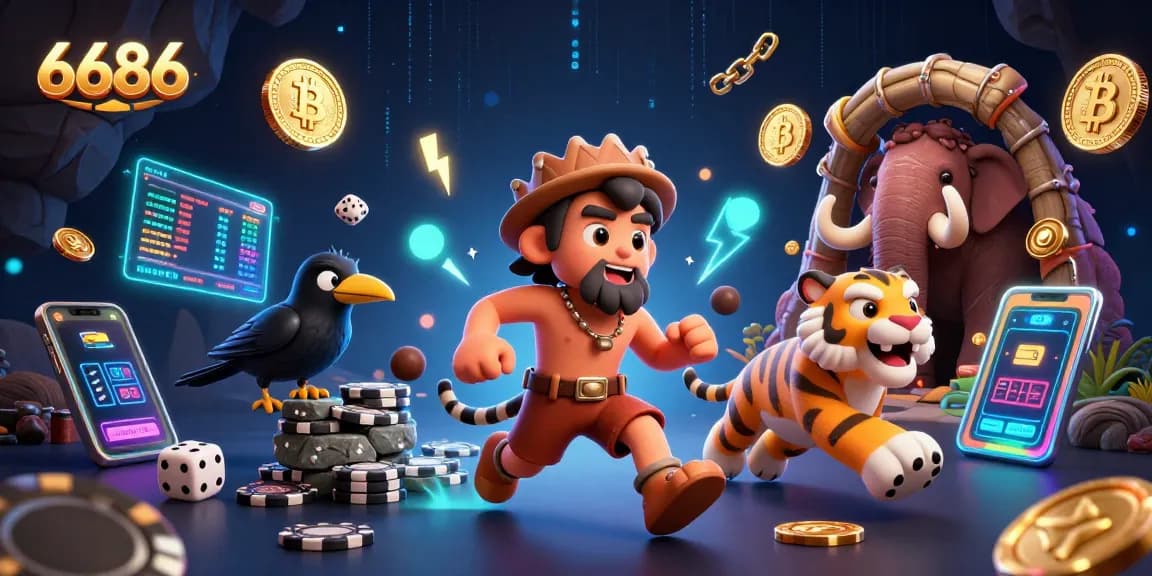 Engage in thrilling 6686 casino action with ancient caveman duo amidst cryptocurrency elements, showcasing fun!