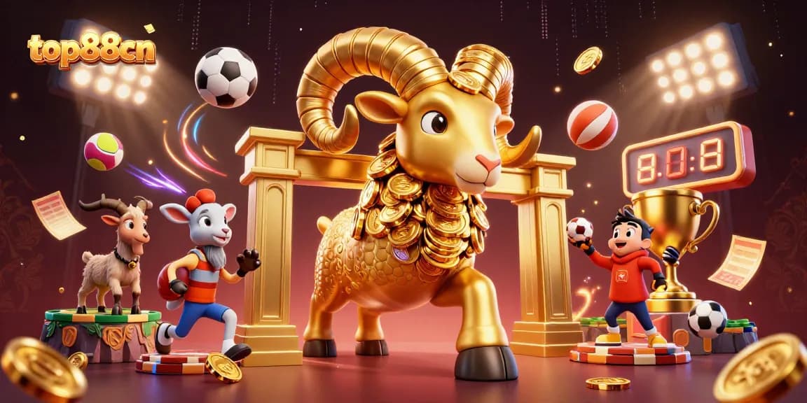 Win big at top88cn with an energetic gold ram charging at a golden gate amidst dynamic sports elements.