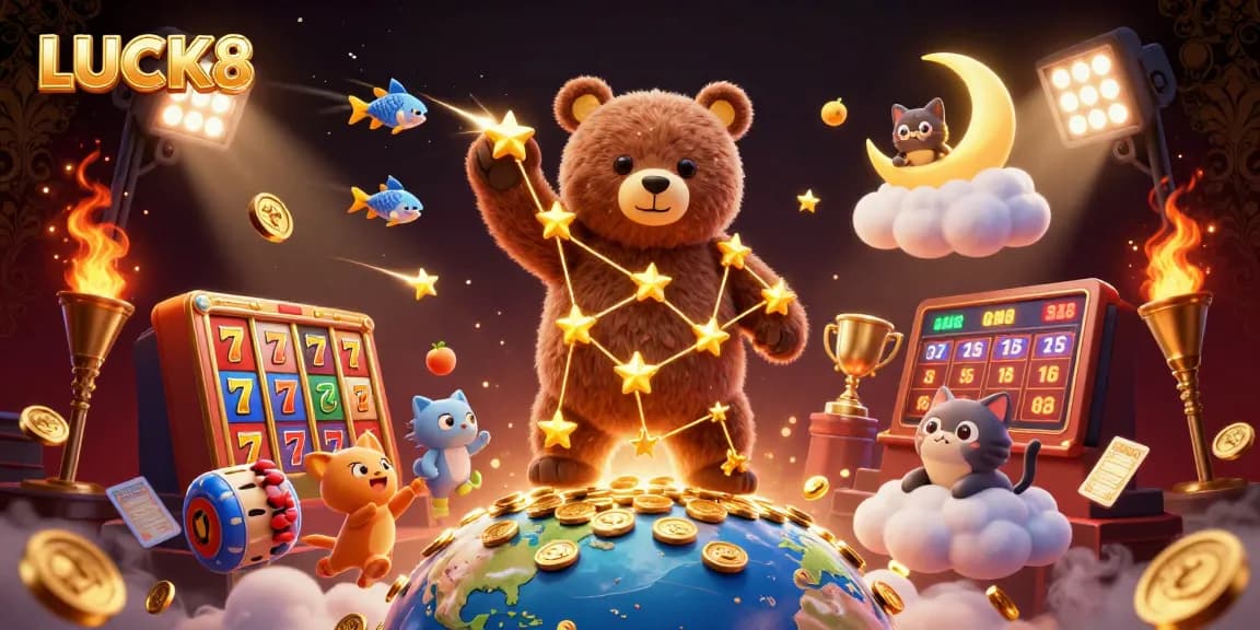 Experience LUCK8's thrilling slots world with vibrant characters scooping up coins!
