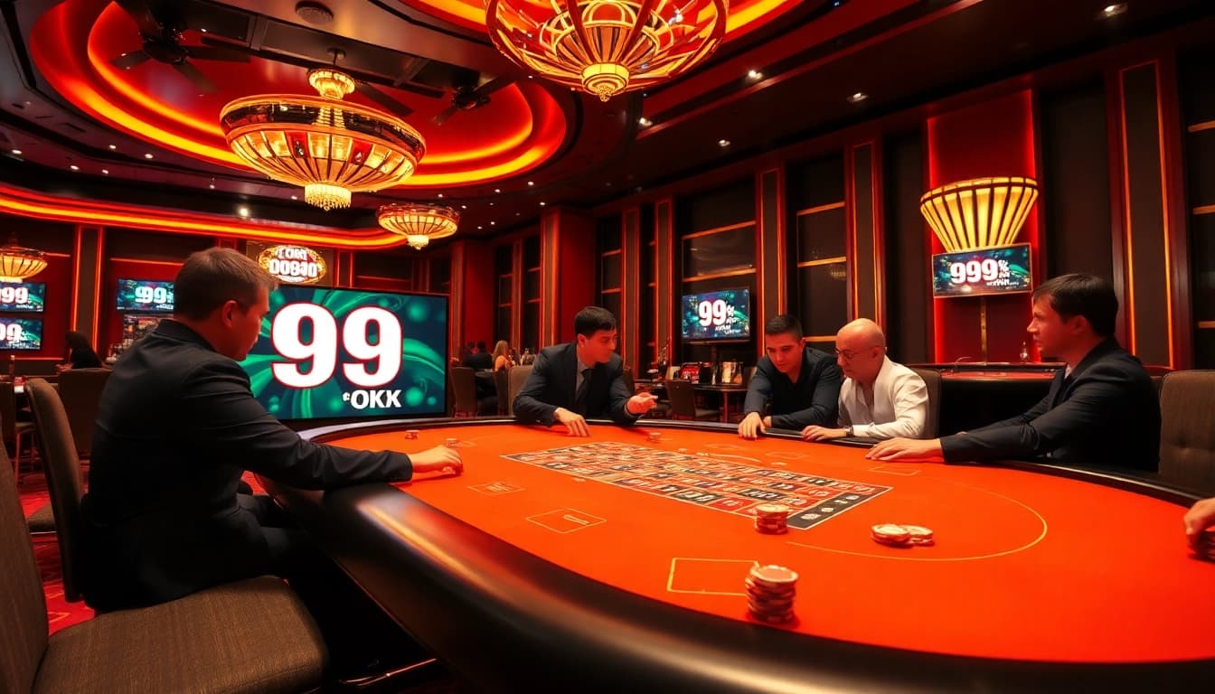 99 OK players strategizing at an exhilarating poker table in a luxurious casino setting.