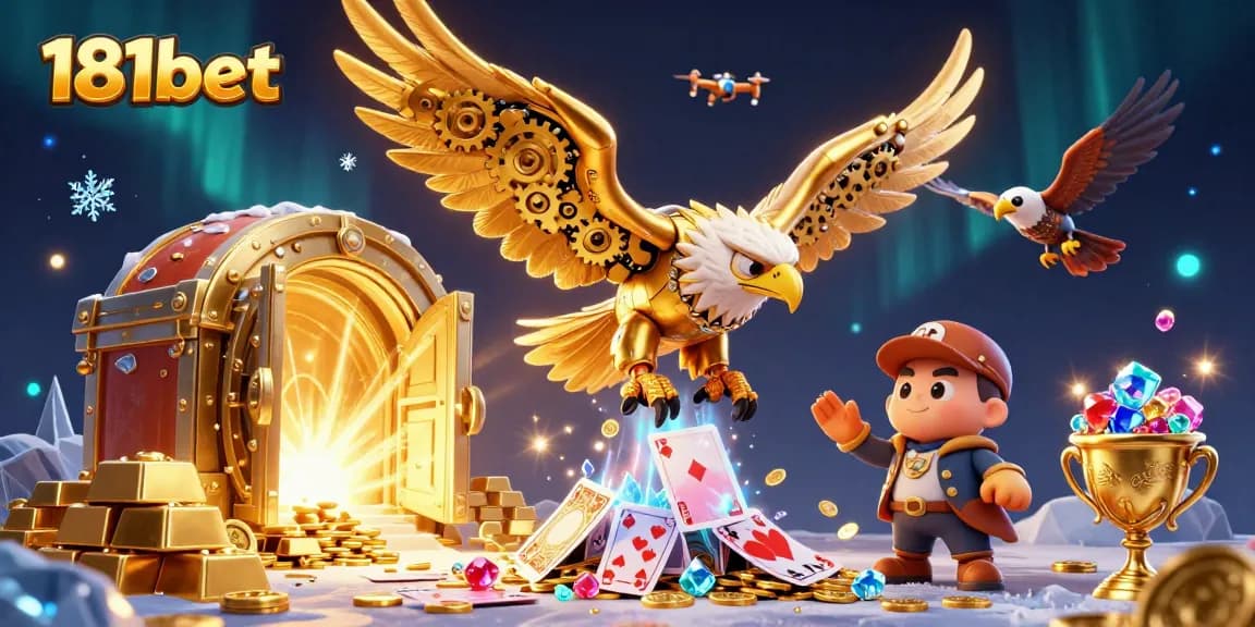 Experience the thrill of 181bet with striking visuals of a cybernetic eagle and gold treasures.