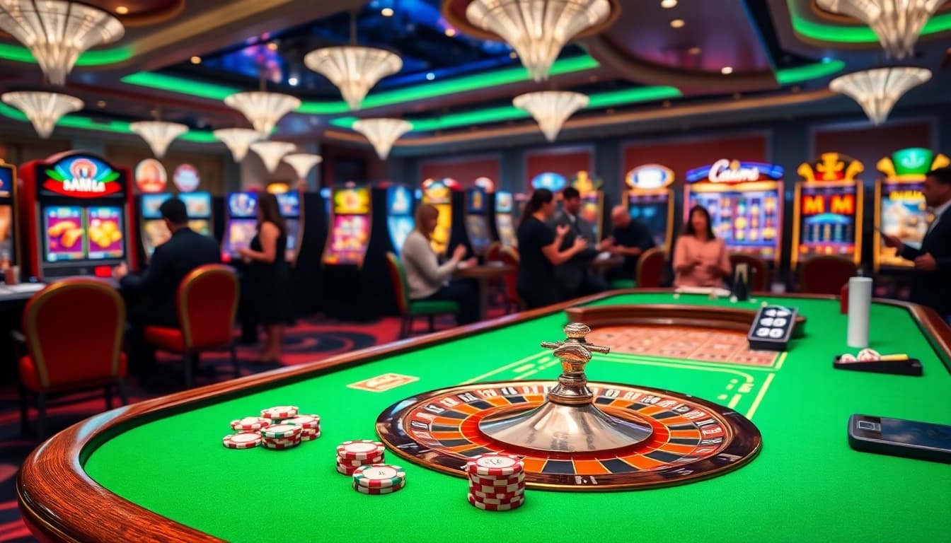 Exciting casino atmosphere at https://mm88.it.com/ with roulette, poker chips, and engaged players.