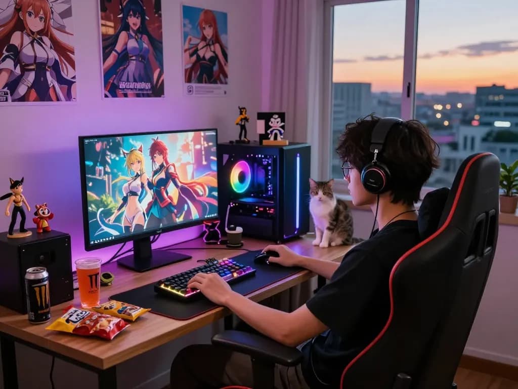 Enjoy immersive hentai games in a cozy gaming setup with ambient lighting and anime decor.