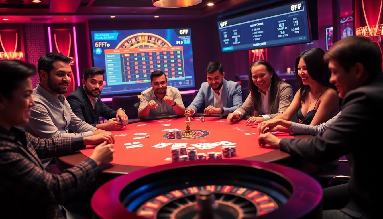 Players enjoying poker at 6FF casino with vibrant colors and dynamic gambling action.