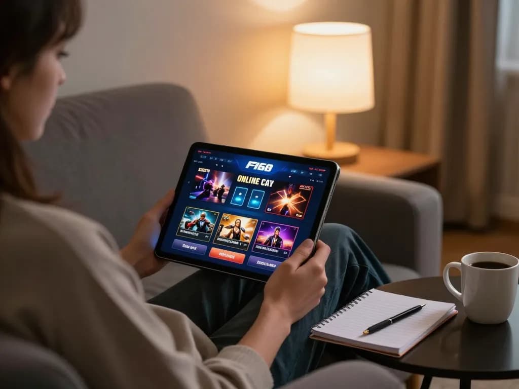 Engaged player enjoying F168 online casino on a tablet in a cozy home setting.