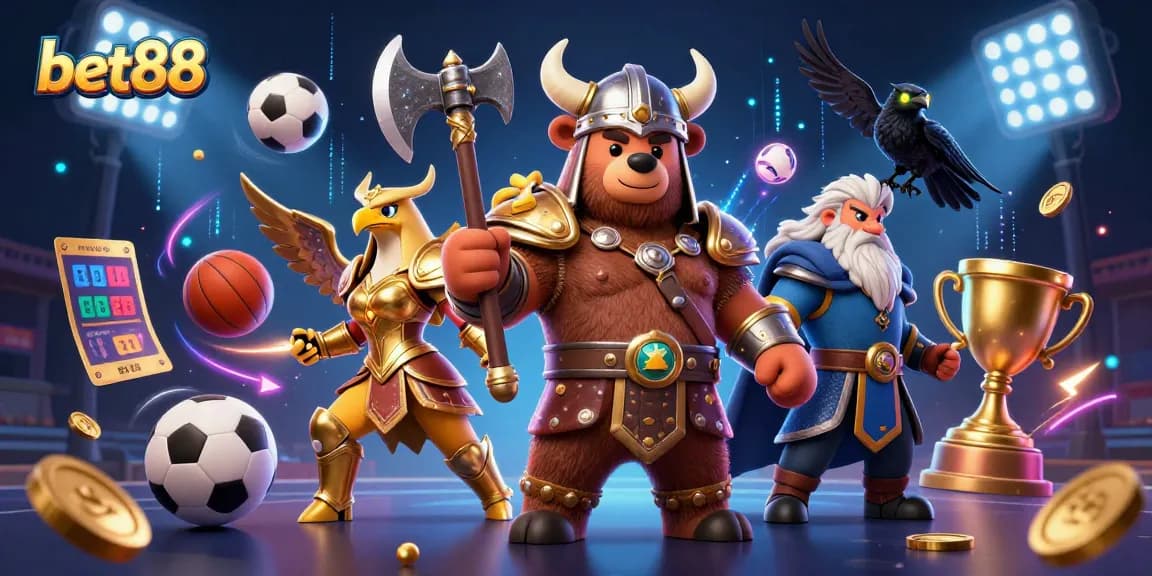 Experience the excitement of betting at bet88 with dynamic 3D illustrations of gaming characters and elements.
