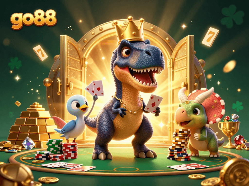 Join the fun at go88, where the T-Rex shuffles cards amidst dazzling gems and poker excitement!