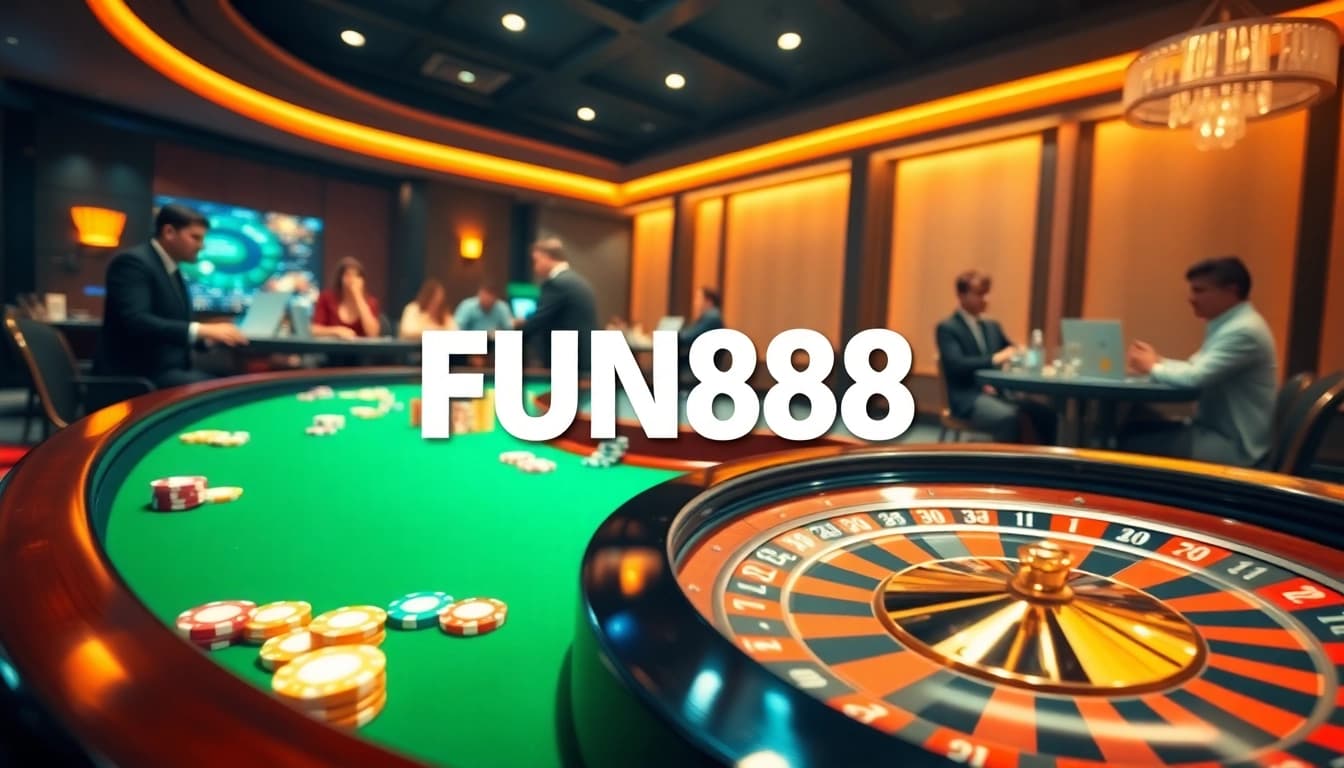 Exciting gaming scene featuring a roulette wheel and poker chips at a casino with the FUN88 link.