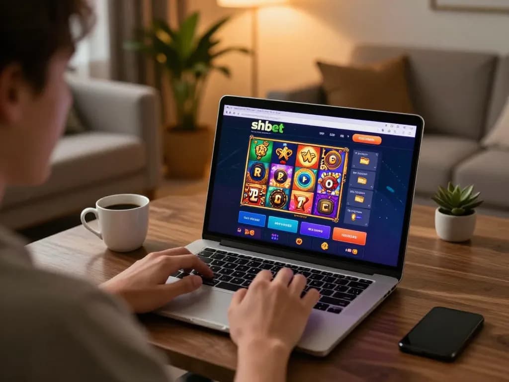 Engaged user playing on shbet online casino with colorful slot games on laptop in a cozy setting.