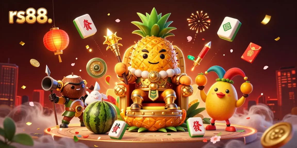 Experience gaming excitement with rs88. as the golden pineapple king and his companions celebrate casino luck on a vibrant beach.