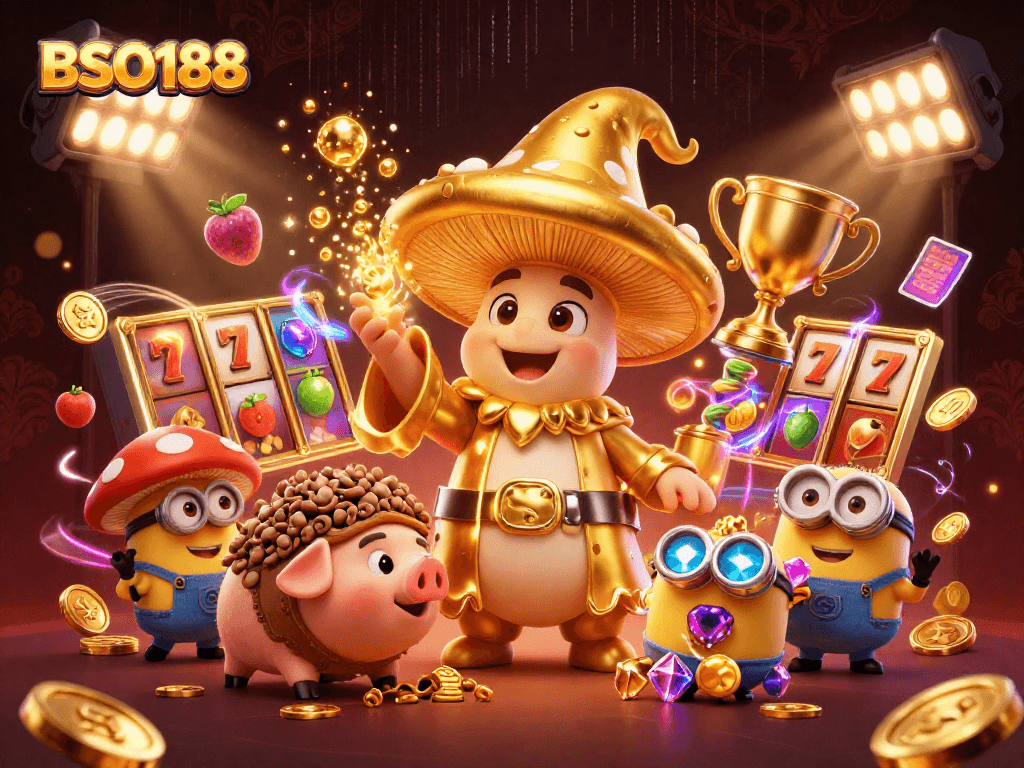 Experience thrilling gaming at BSO188 with golden wizard and treasures in this vibrant casino scene.