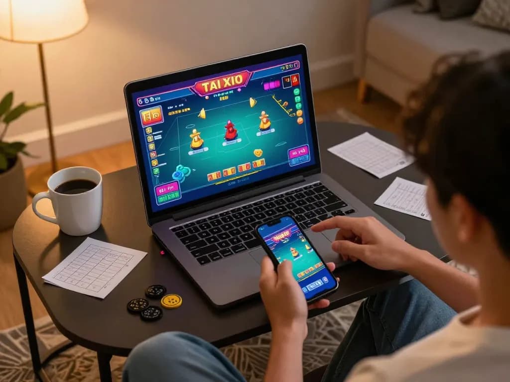 Engaging scene of tai xiu online gameplay on a laptop with player strategizing bets and analyzing winnings at home.