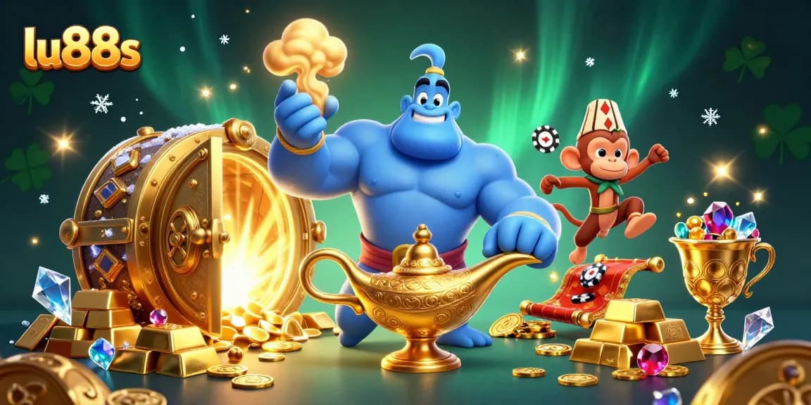 Experience the thrill of winning with lu88s, featuring a magical scene of a genie, treasures, and casino elements.