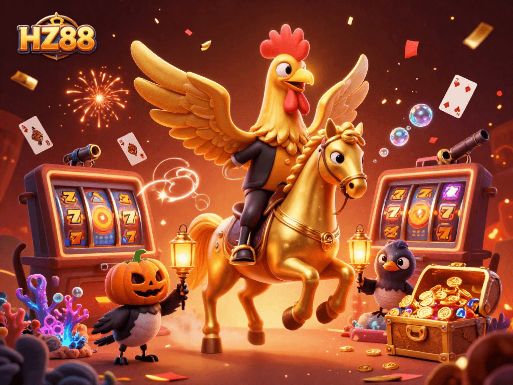 Engage in thrilling gaming at HZ88 with a vibrant scene featuring a golden rooster and festive elements.