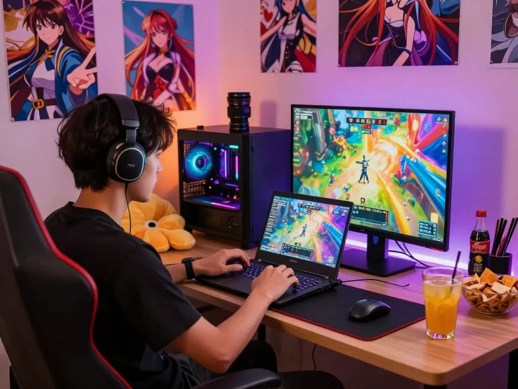 The gamer plays an immersive hentai game, surrounded by anime posters and gaming gear.