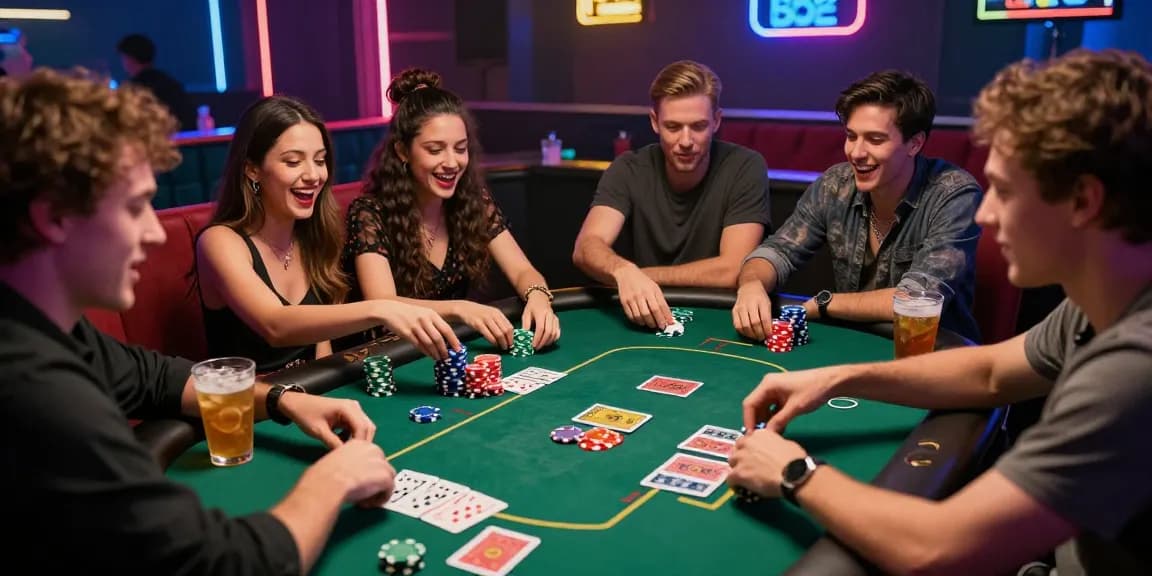 Trải nghiệm thú vị tại B52 với nhóm bạn chơi poker dưới ánh đèn neon.