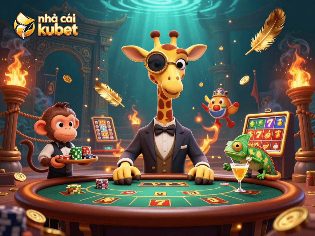 Experience thrilling games at nhà cái kubet with a vibrant poker scene filled with characters and golden elements.