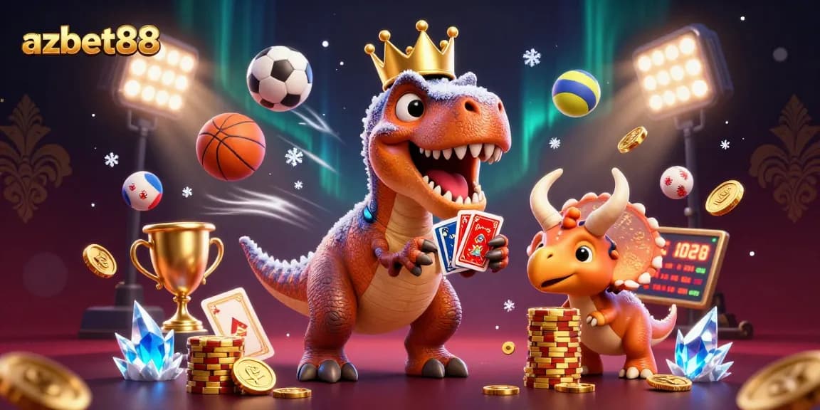 azbet88 showcases a friendly T-Rex dealing cards with gold chips, surrounded by sports elements and vibrant graphics.